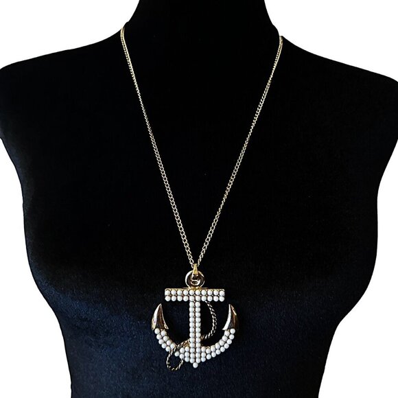 Claires Anchor Pendant Necklace Gold Tone Faux Pearl Encrusted - Picture 1 of 6